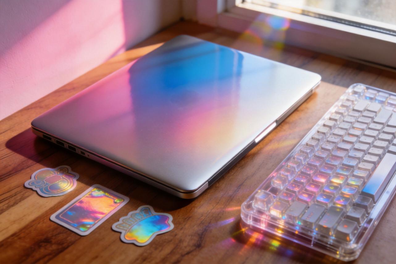 Closed laptop and clear keyboard on a wooden desk with rainbow reflections and holographic stickers