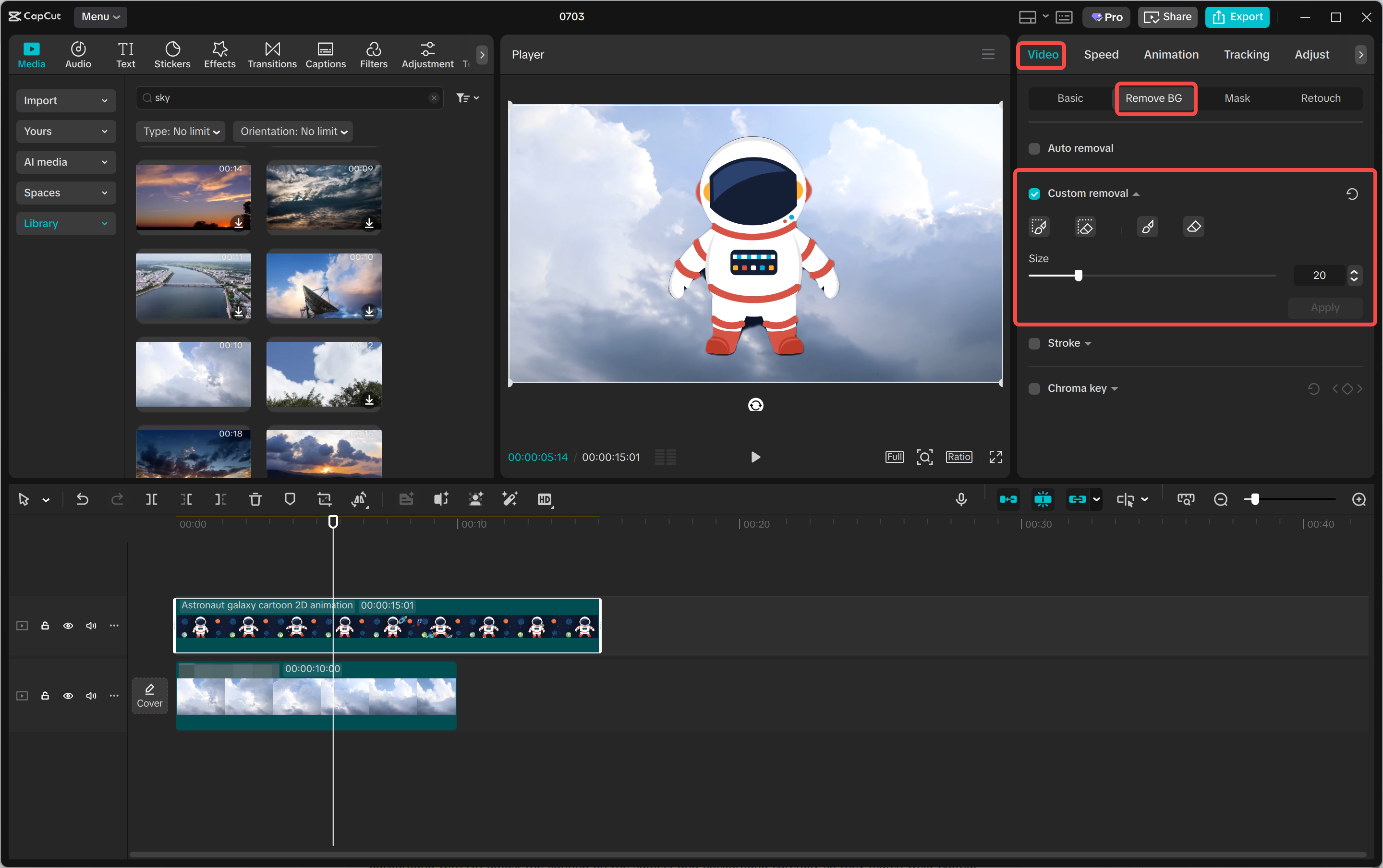 Použití automatického odstranění nástroj pro odstranění pozadí v CapCut desktop video editor