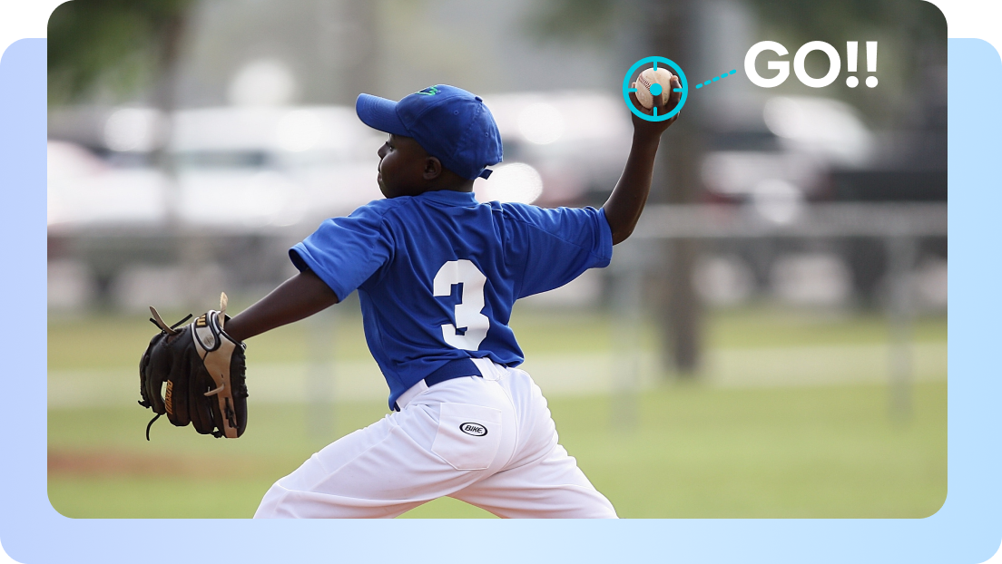 A baseball pitcher holds the ball inside a tracking target connected to a bold GO label