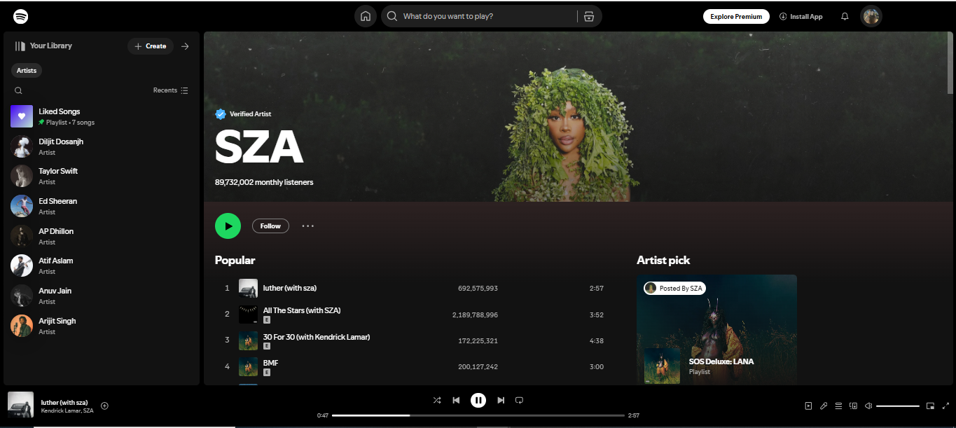 SZA – listed among the 100 most listened-to artists on Spotify