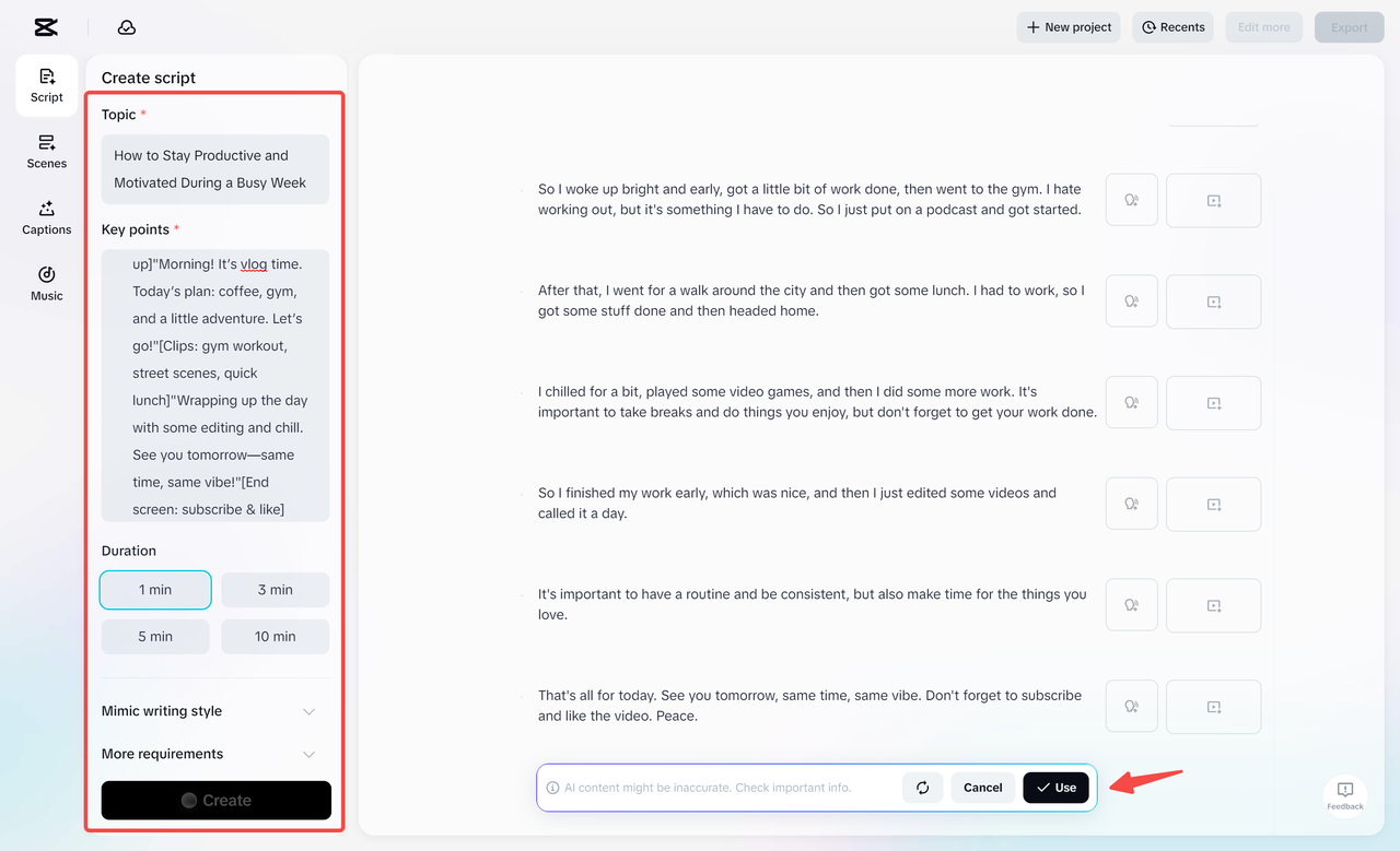 Generazione di uno script e di un video nell' CapCut editor video desktop