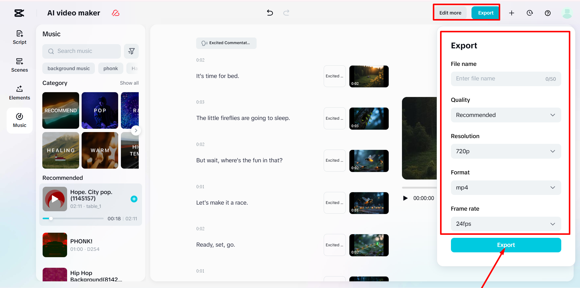 Exporting the video from CapCut Web's AI video maker
