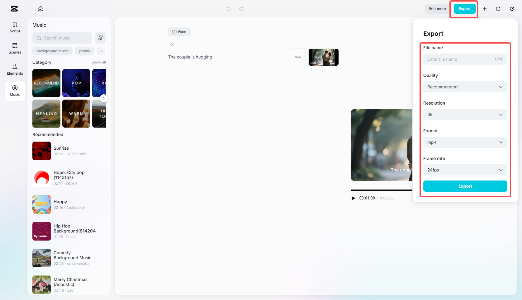 Exporting the video in CapCut