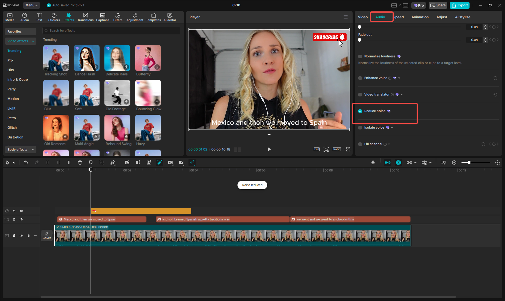Using noise reduction in CapCut
