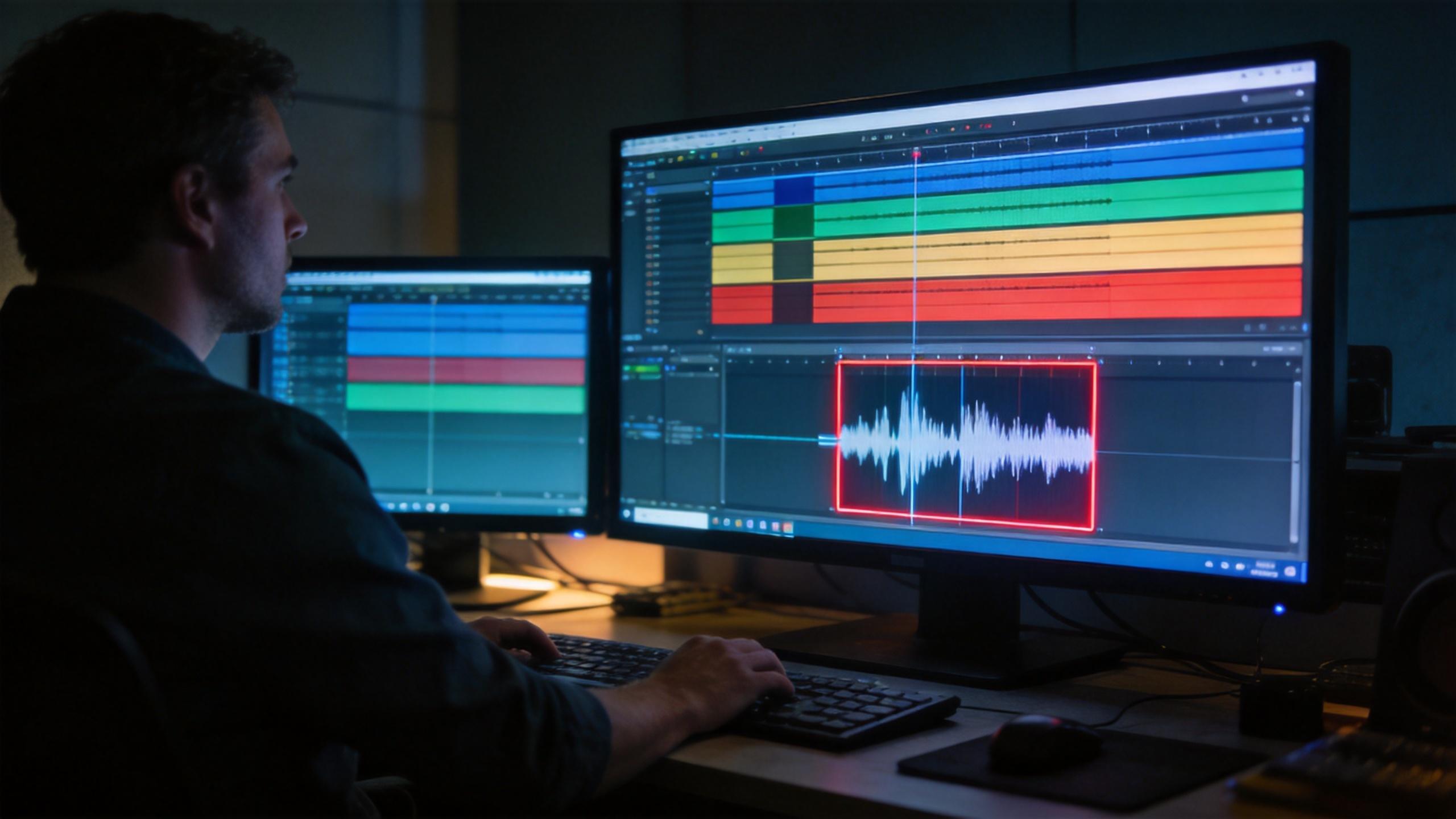 Person editing audio on dual monitors with colored tracks and waveform