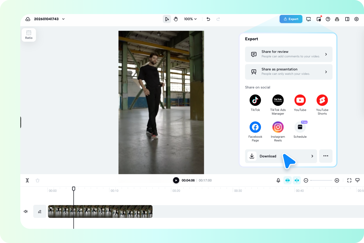 A browser-based video editor with an export and social-share panel appears over the retouched woman video
