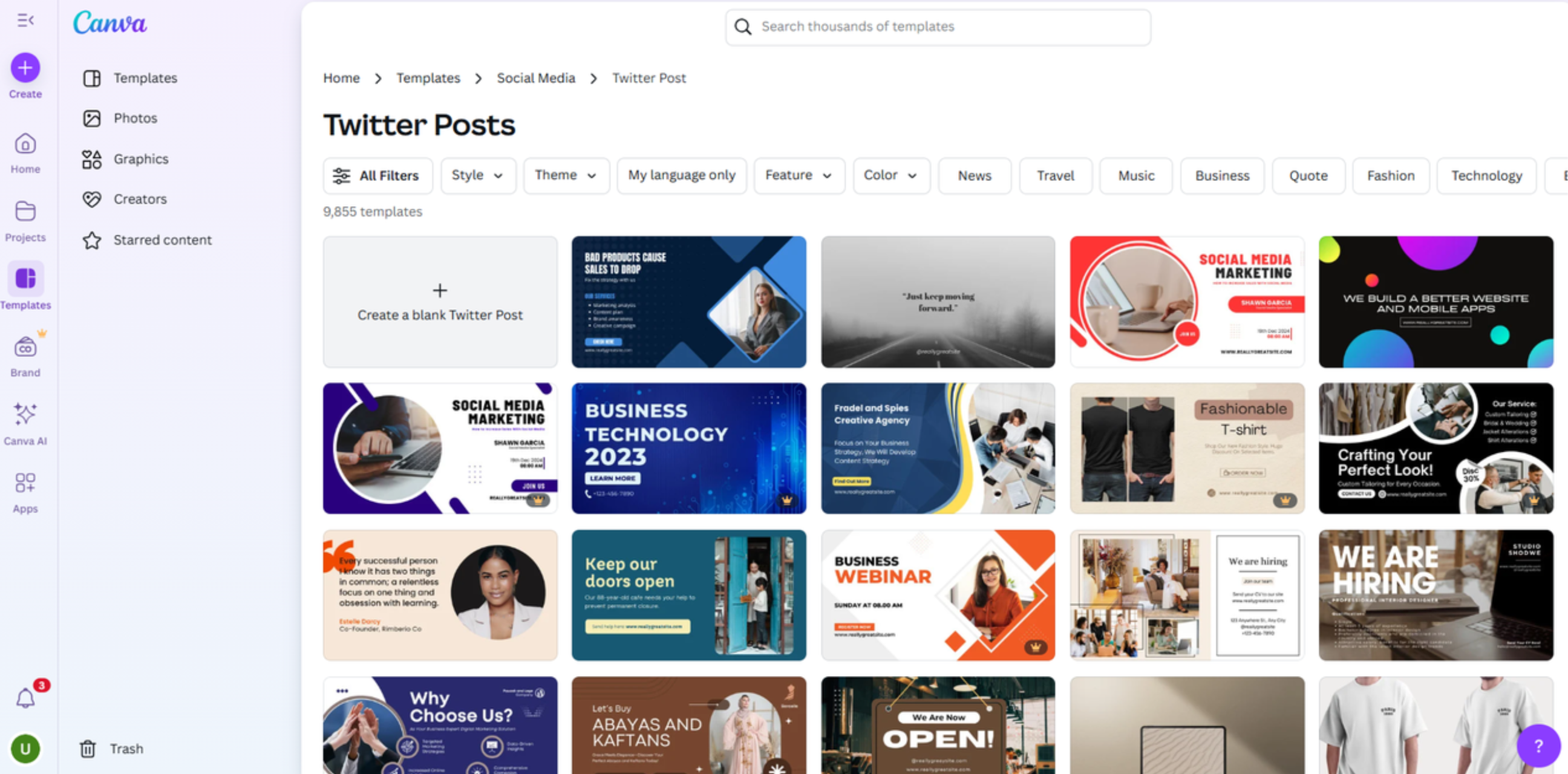 Interface do Canva - o melhor lugar para encontrar modelos de posts para o Twitter
