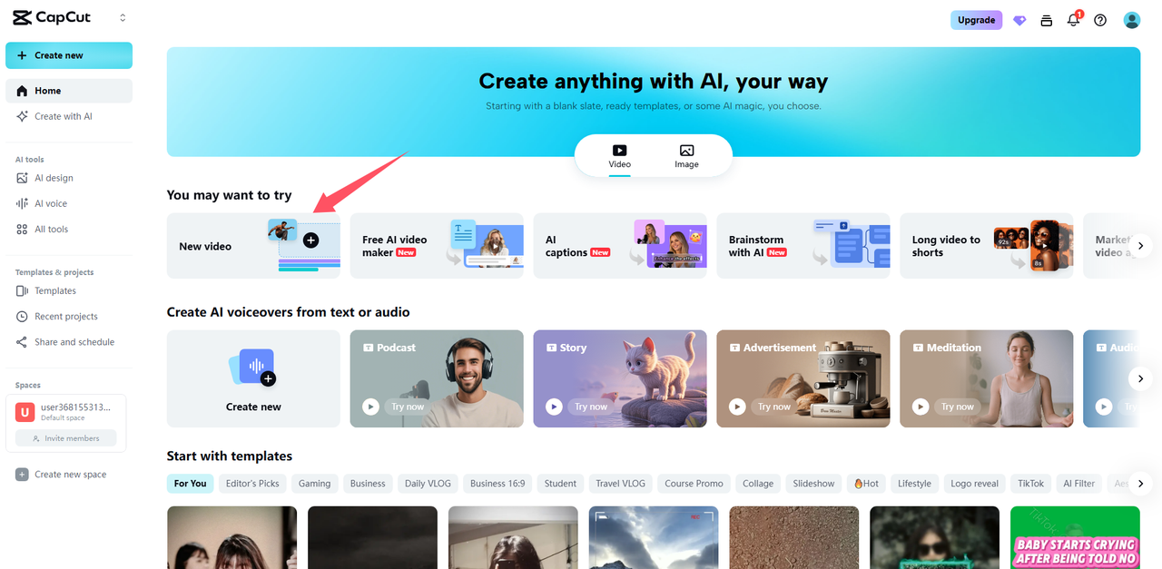Skapa ny video i CapCut online videoeditor.