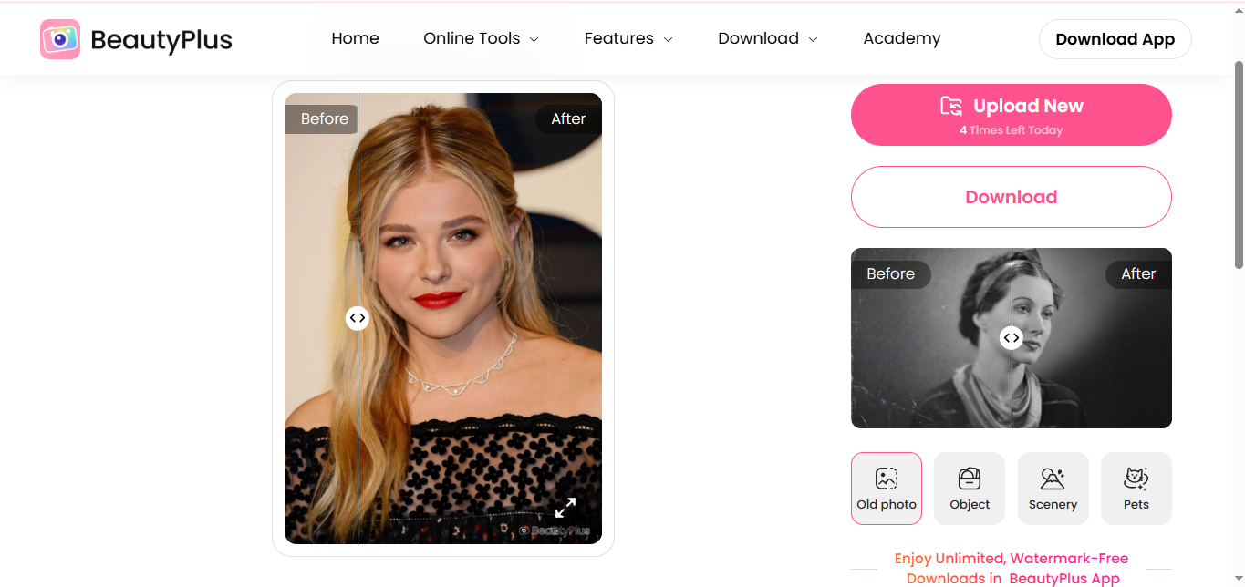 BeautyPlus - เครื่องมือที่รู้จักกันดีในการแก้ไขปิดตาในภาพออนไลน์