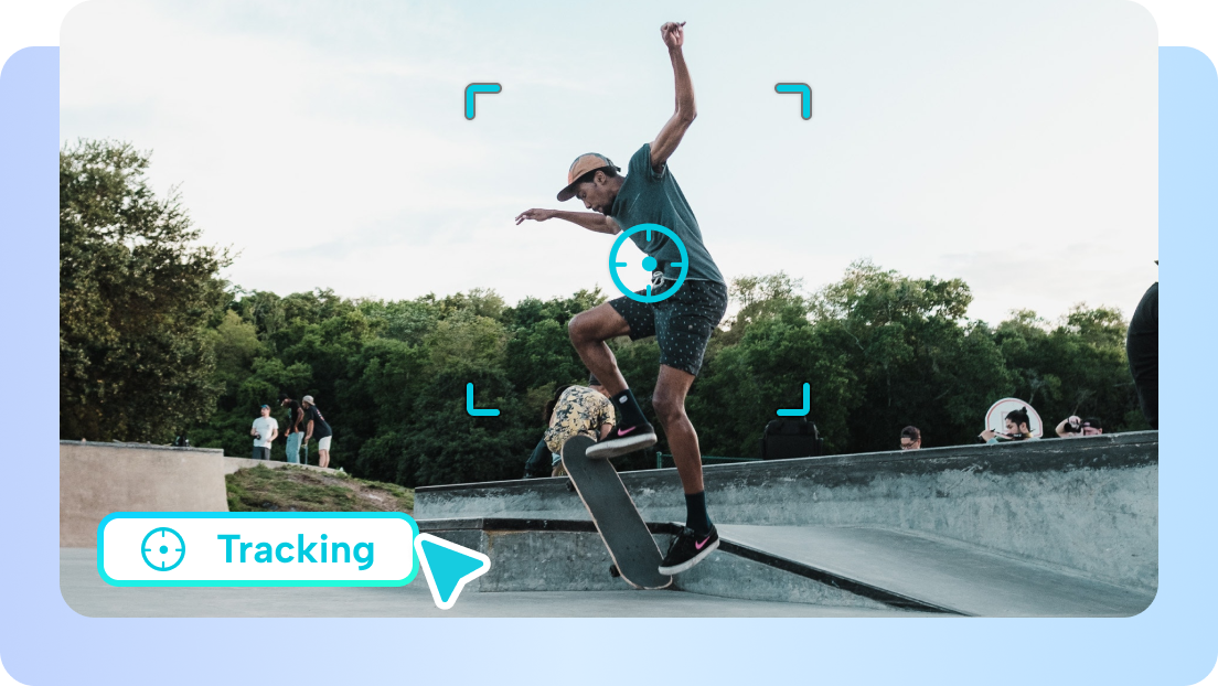 A skateboarder is marked by a tracking target and an on-screen Tracking label in the action frame