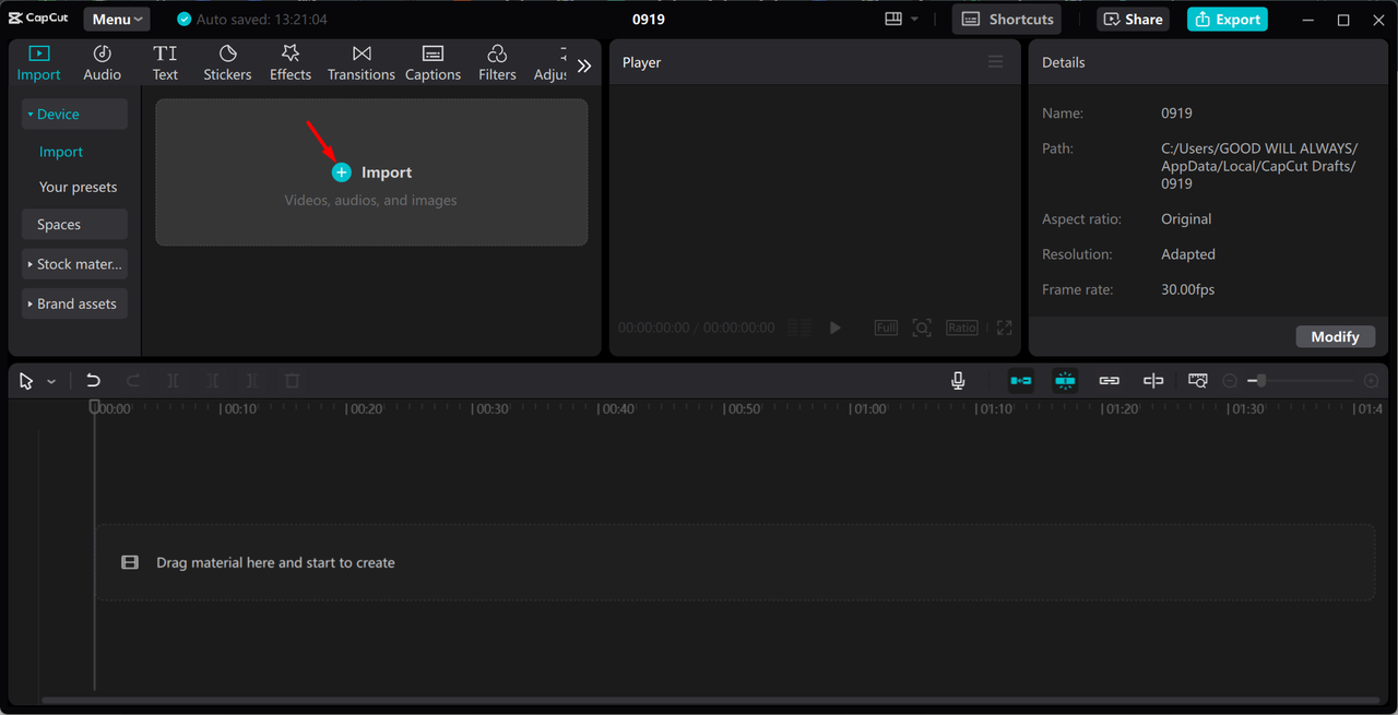 Importazione di contenuti multimediali nell' CapCut editor video desktop