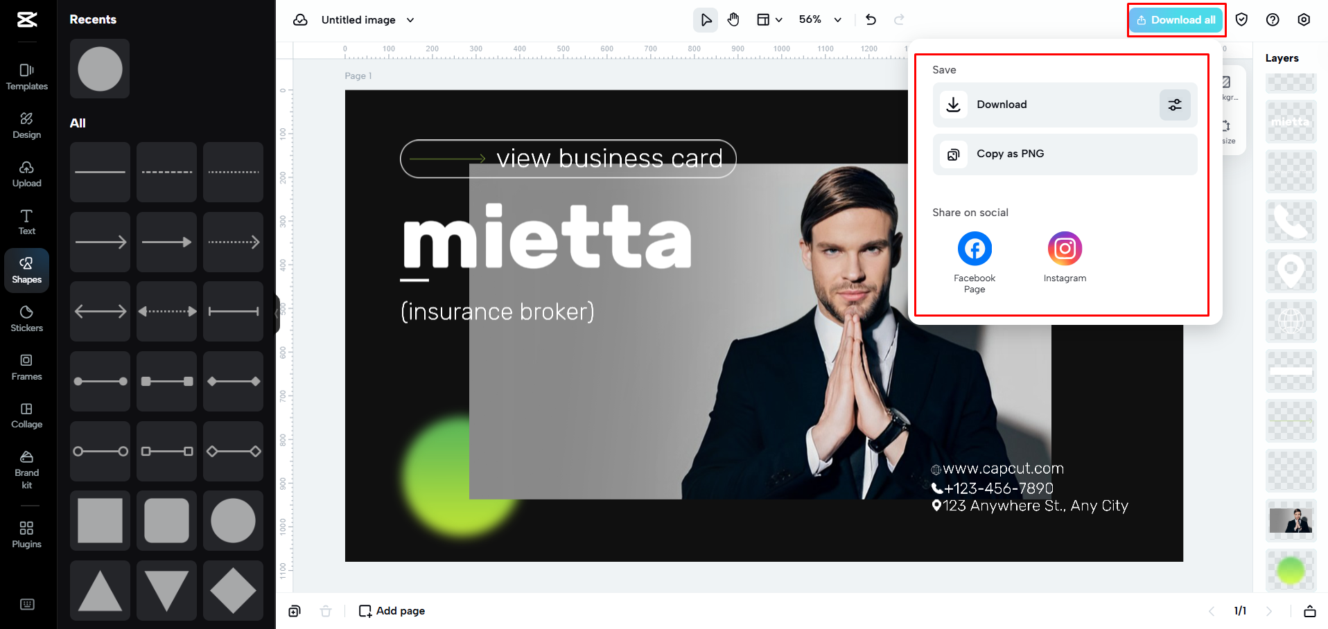Mengekspor kartu bisnis dari CapCut Web