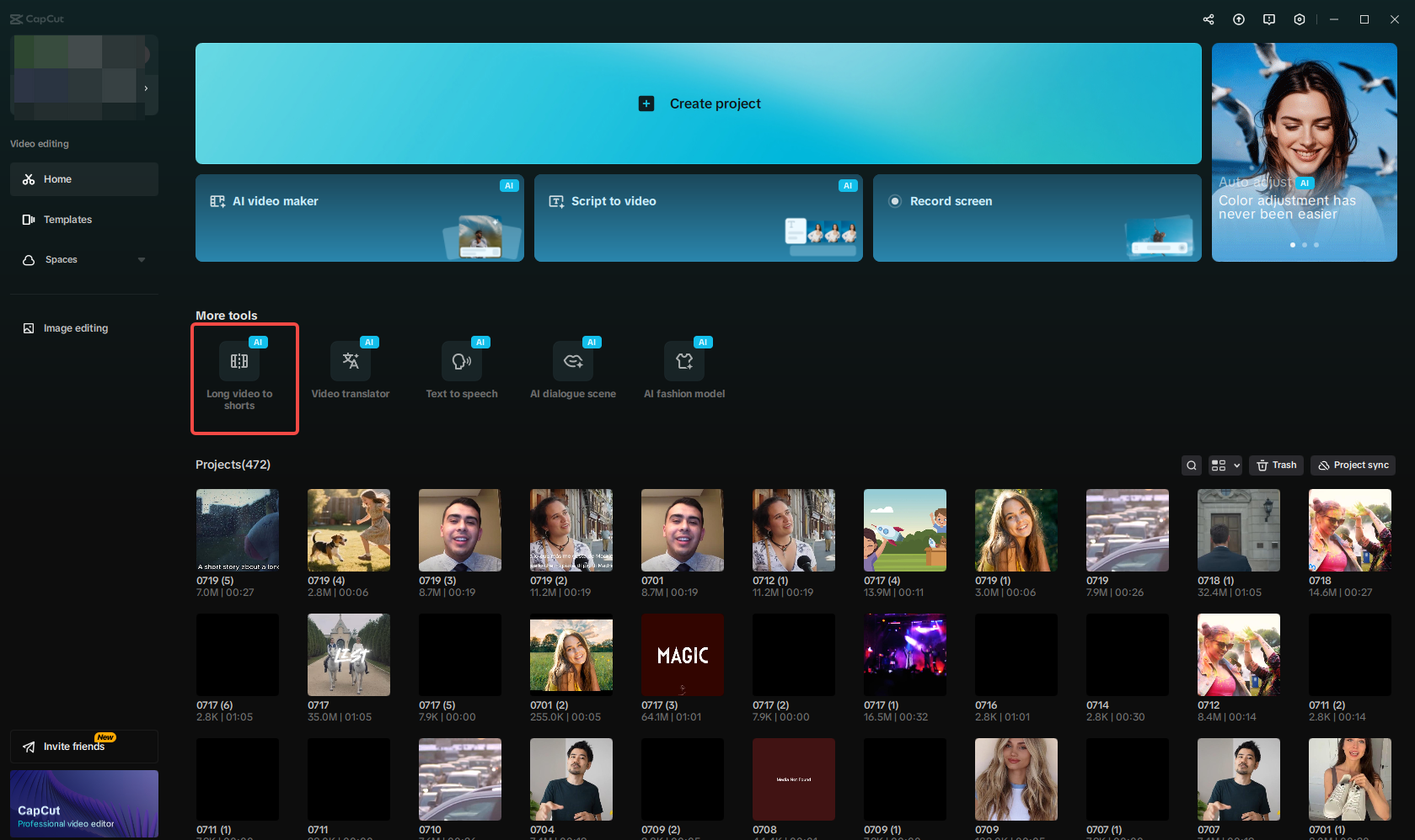 Launch CapCut and select long video to shorts