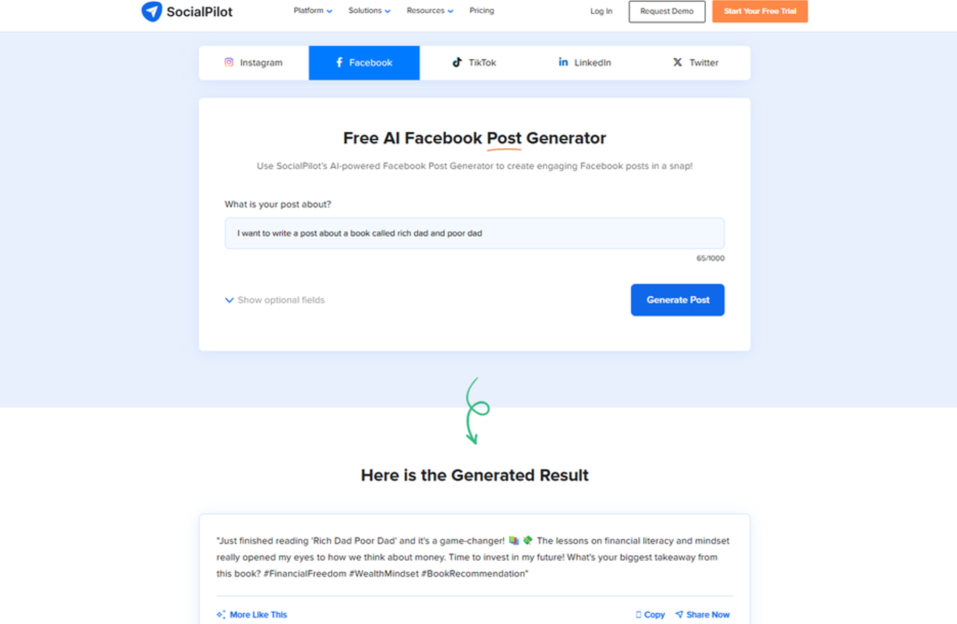 Інтерфейс SocialPilot - простий у використанні AI генератор дописів для Facebook.