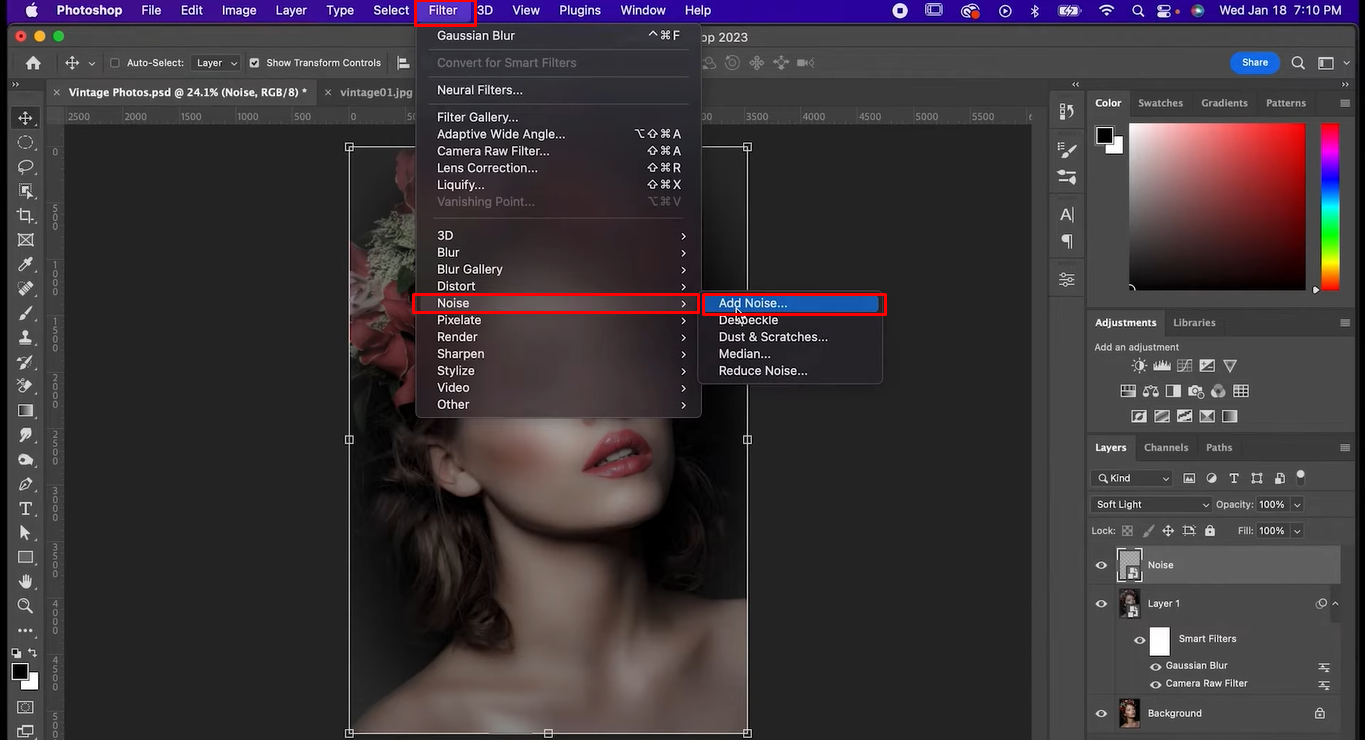 Applicare un filtro rumore per perfezionare il filtro vintage in Photoshop
