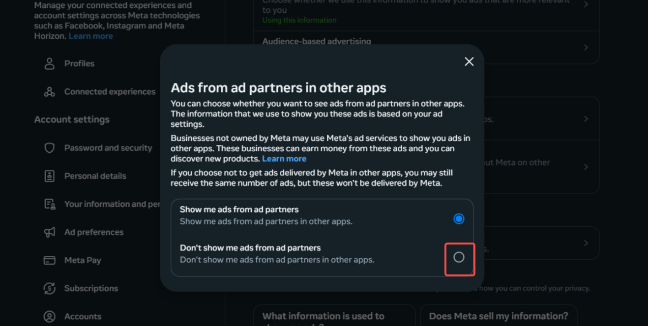 Ads from partners option