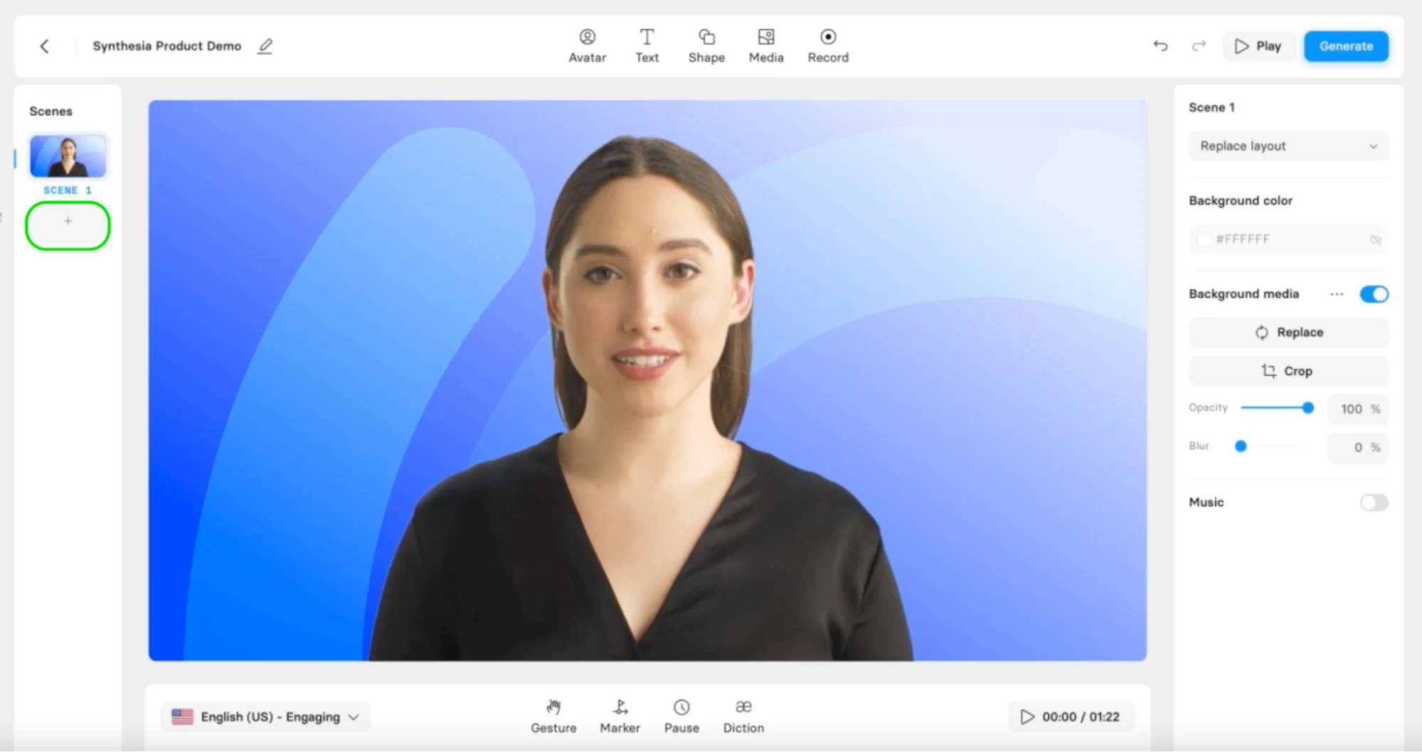 Interface ng Synthesia - ang pinaka mahusay na AI audio sa video generator