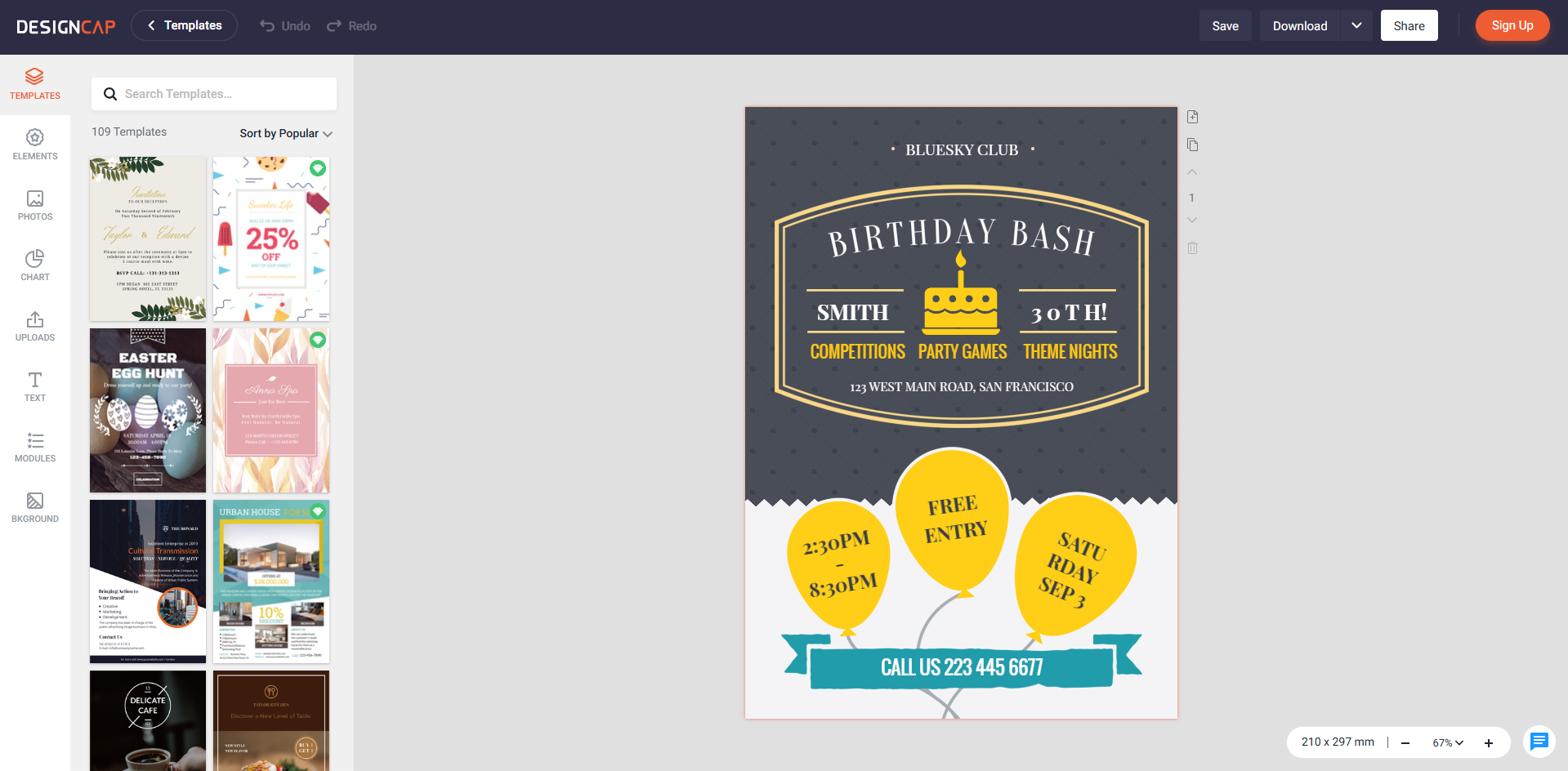 Interface of DesignCap - another resource for birthday flyer templates