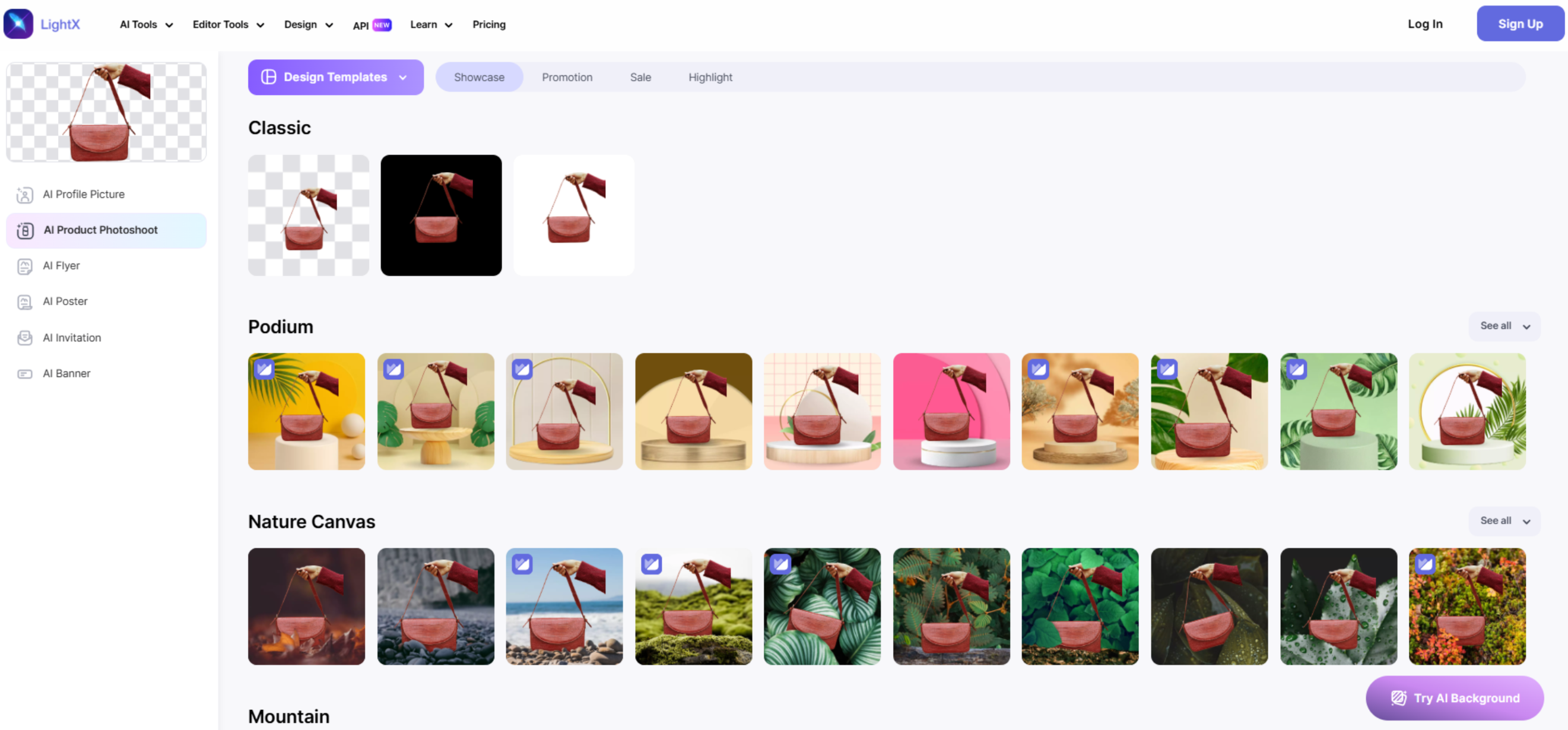 LightX arayüzü - verimli bir yapay zeka ürün fotoğrafı oluşturucu