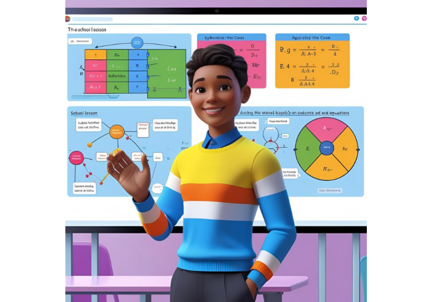 Presentador virtual IA explicando una lección escolar en pantalla