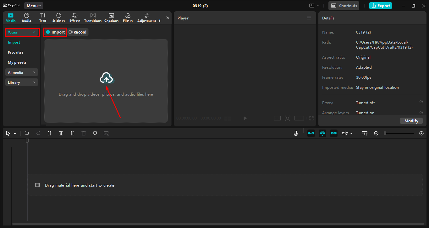 Mengunggah media ke editor video desktop CapCut