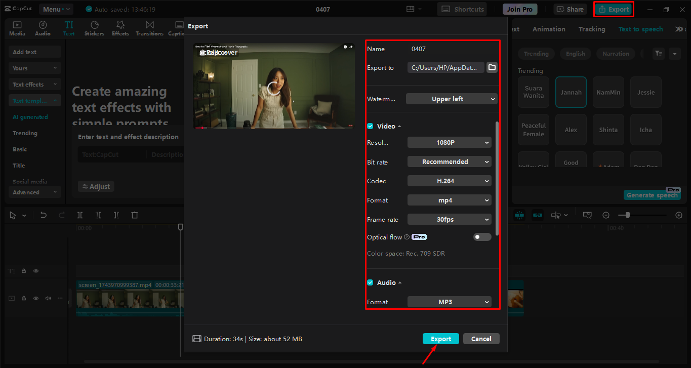 Exporting the recording from the CapCut desktop video editor