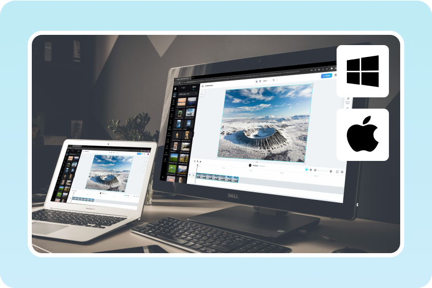 Desktop and laptop screens showing the same editor beside Windows and Apple icons