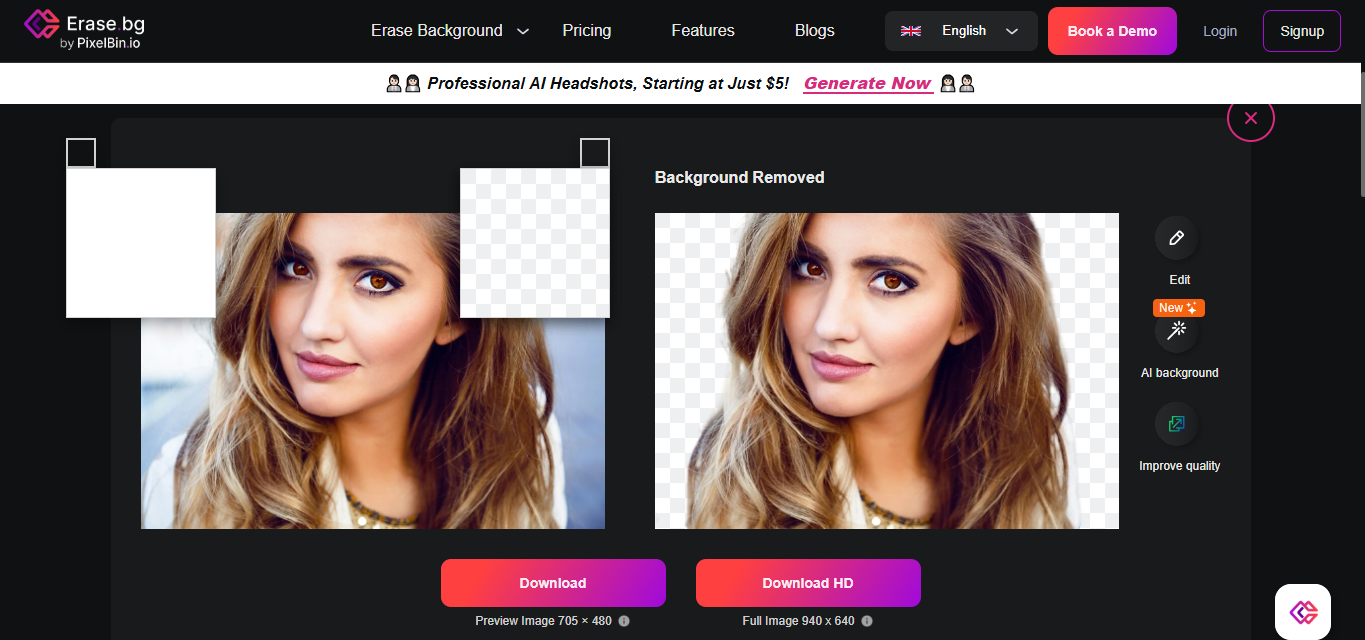 Interface de Erase.bg - le populaire éditeur d'arrière-plan photo IA en ligne gratuit