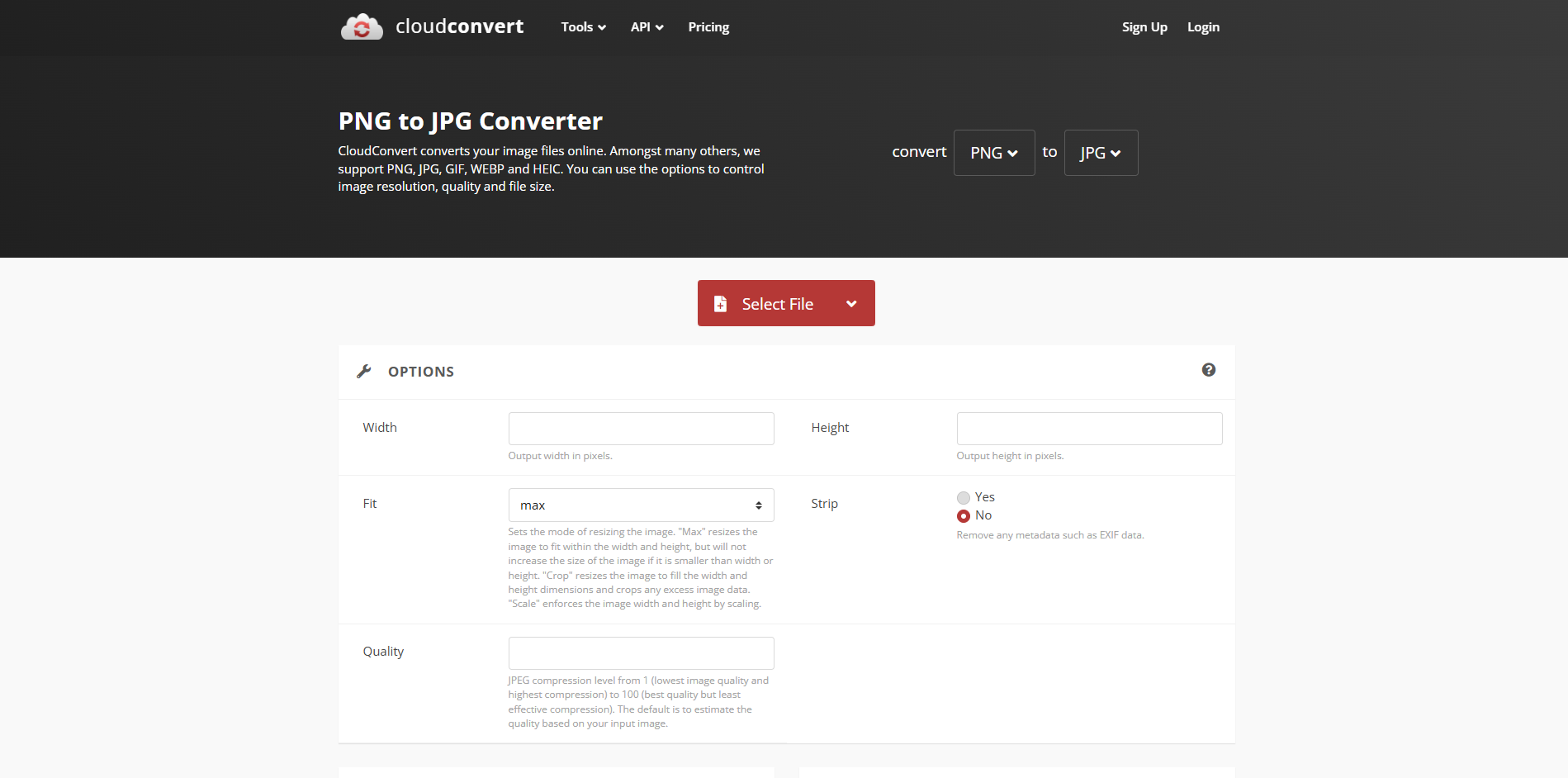 Інтерфейс CloudConvert - хороший конвертер PNG в JPG