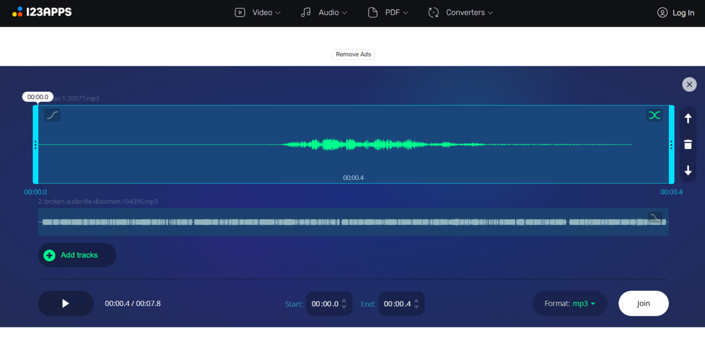 Interfaz de Audio Joiner: una plataforma en línea fácil de usar para combinar archivos MP3.
