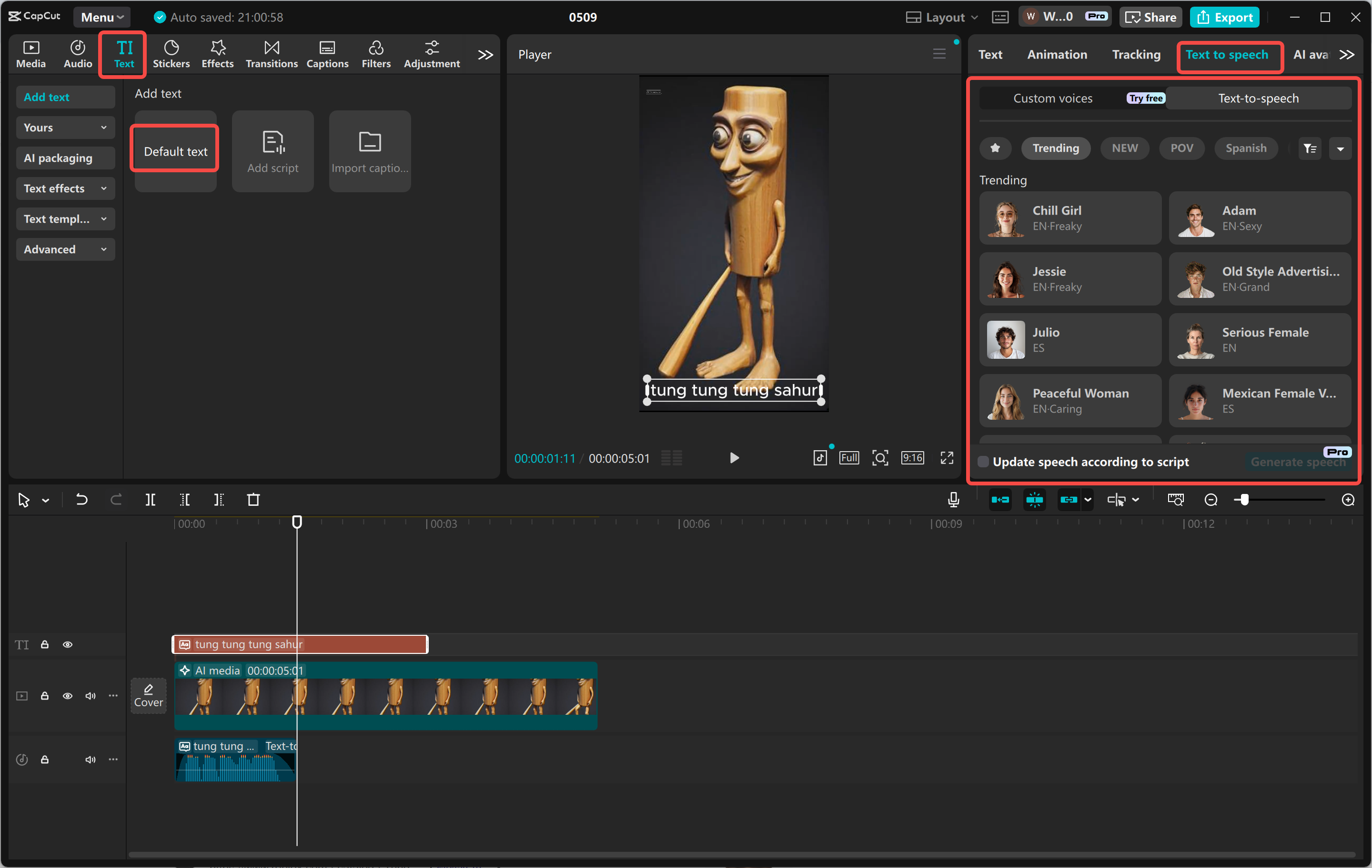 Editing the video of tung tung tung sahur with the CapCut desktop video editor