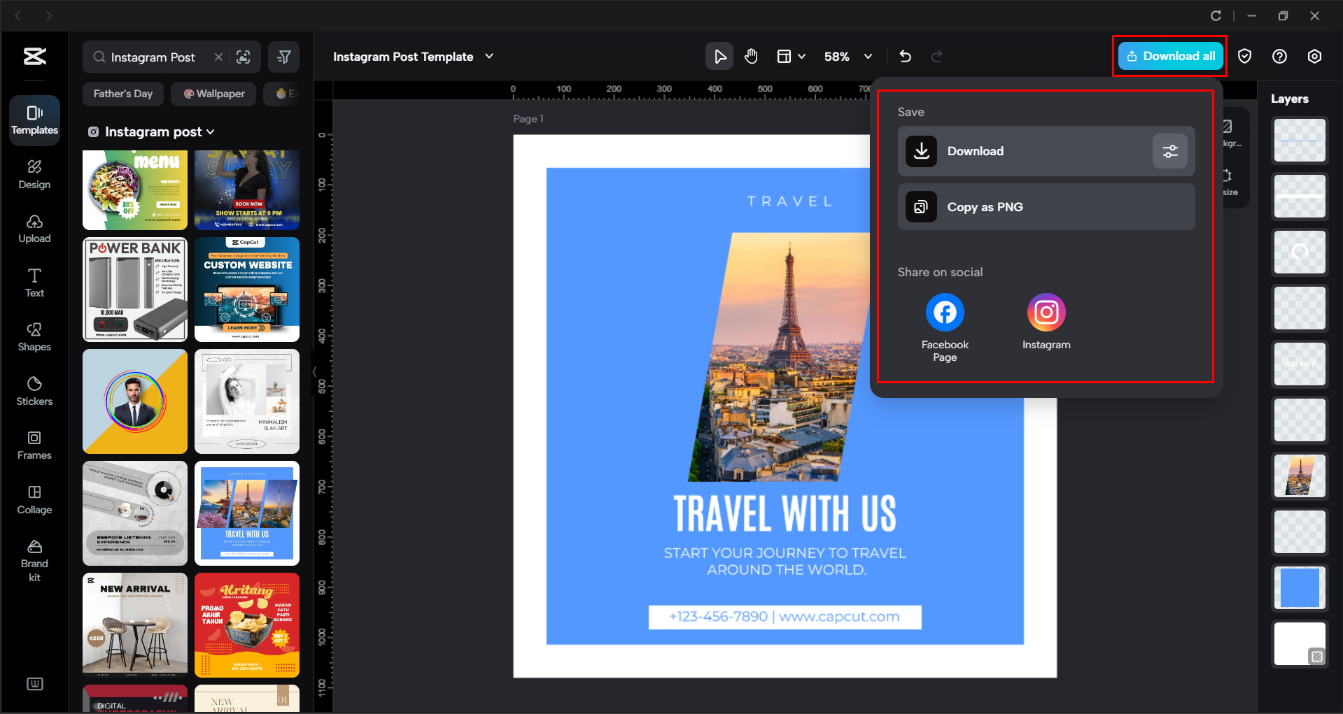 Esportazione di un post Instagram dall' CapCut editor video desktop
