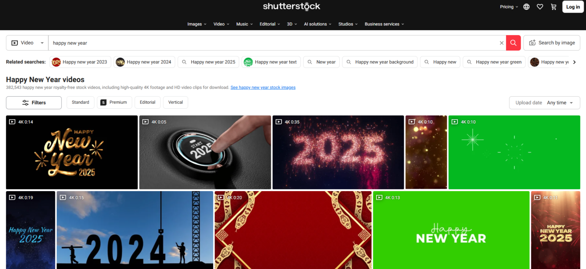 Interface of Shutterstock - a reliable site to download Happy New Year videos