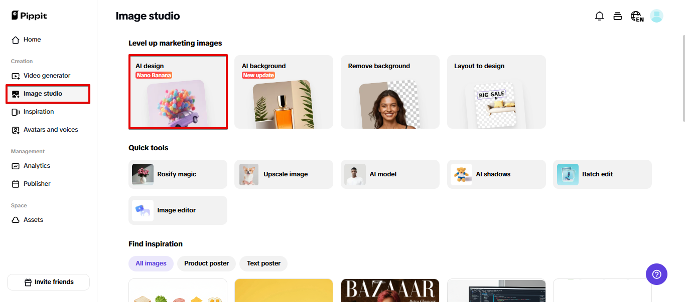 Opening AI design tool on Pippit