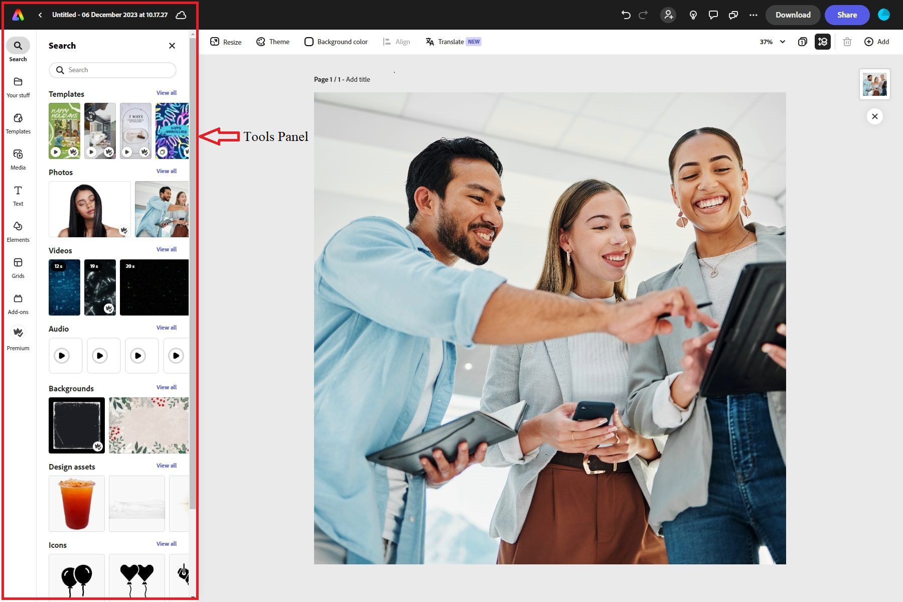 Interface of Adobe Express - a free online face video maker