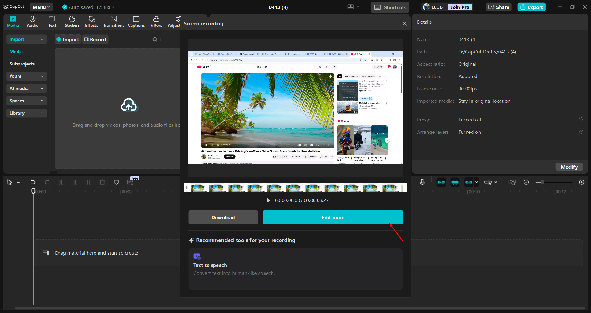 Recording a screen with the CapCut desktop video editor