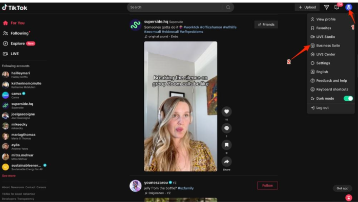 Accessing the Business Suite to see the TikTok insights