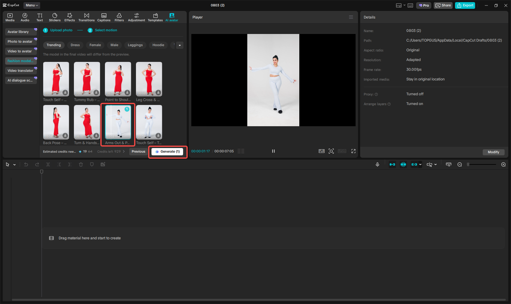 Uploading your image and selecting motion in CapCut