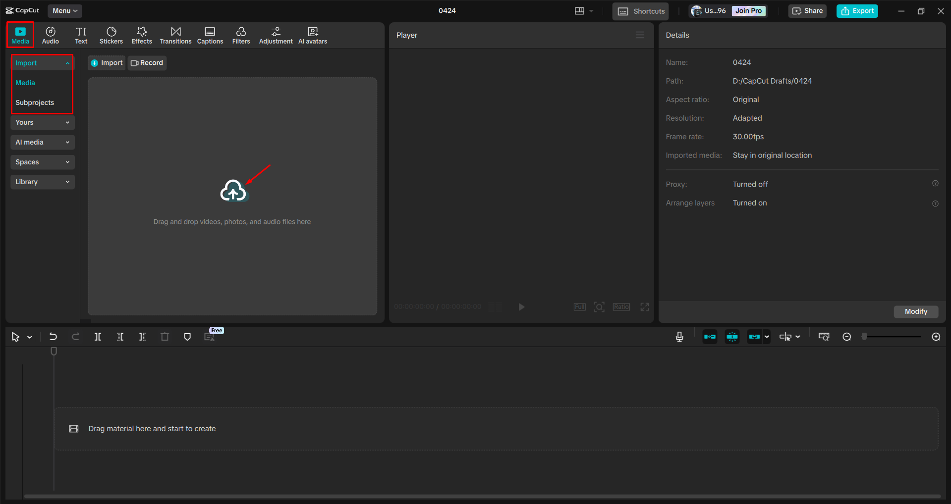 Importazione di un video nell' CapCut editor video desktop