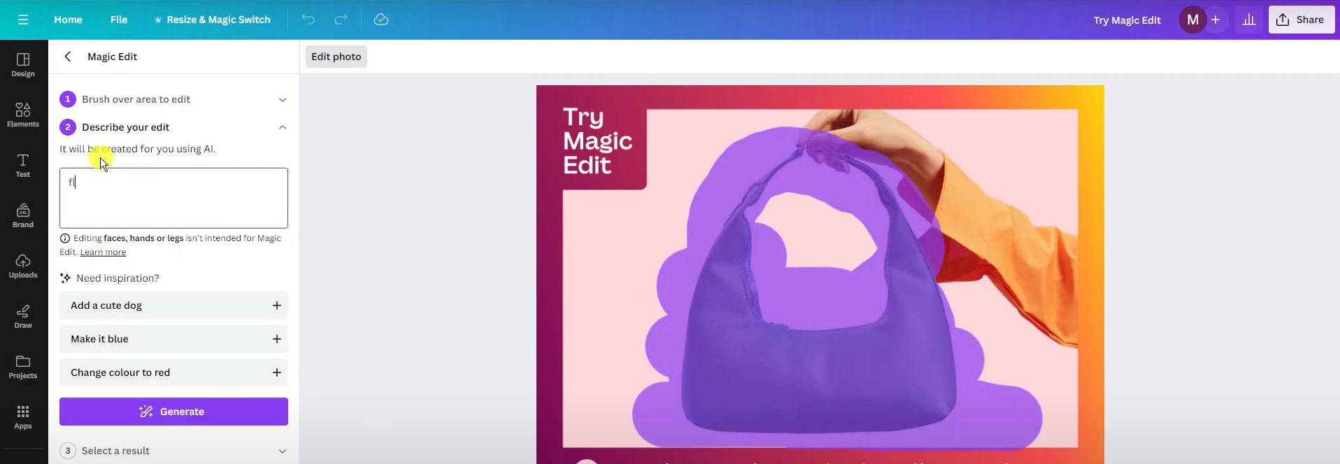 تحديد المنطقة التي تريد تعديلها في Canva