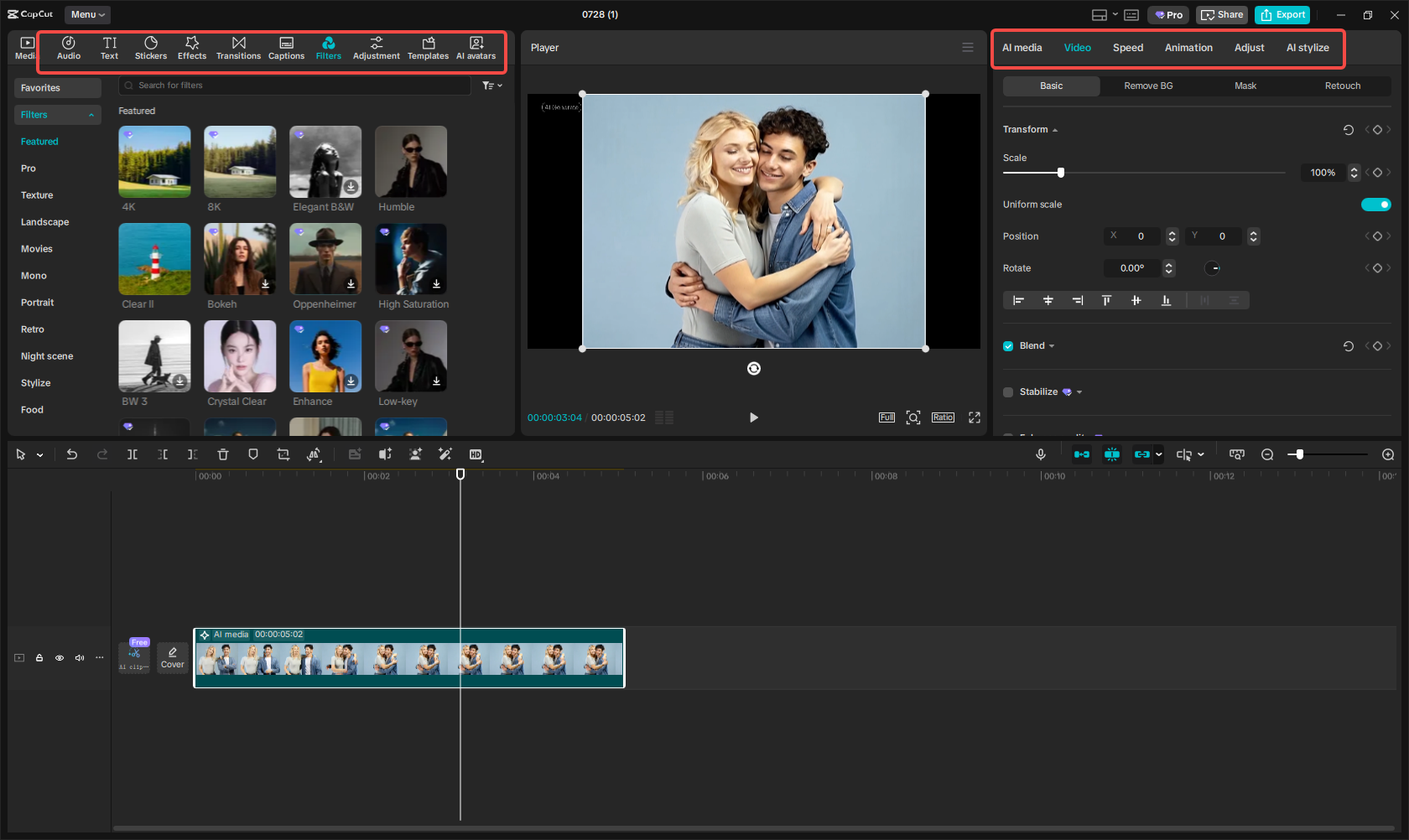 Editing the hugging video in CapCut