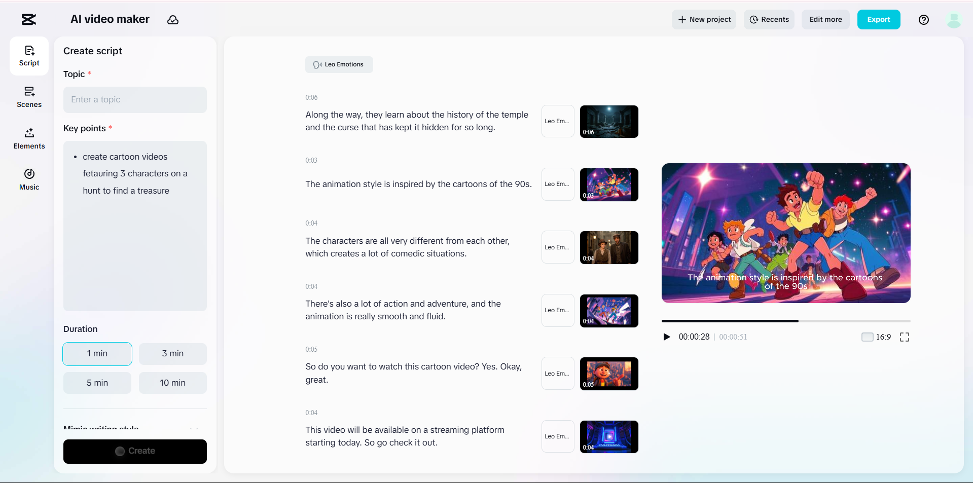 Interface do CapCut Web - a melhor ferramenta para criar vídeos de desenhos animados com IA