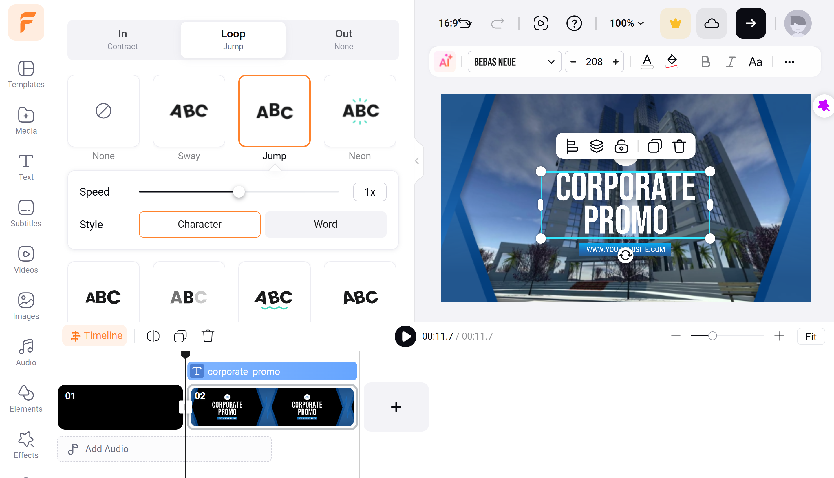Interface do FlexClip - outro criador de texto rolante gratuito online