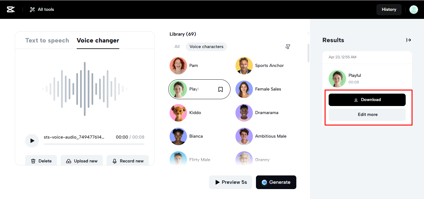Descărcarea audio din CapCut Web