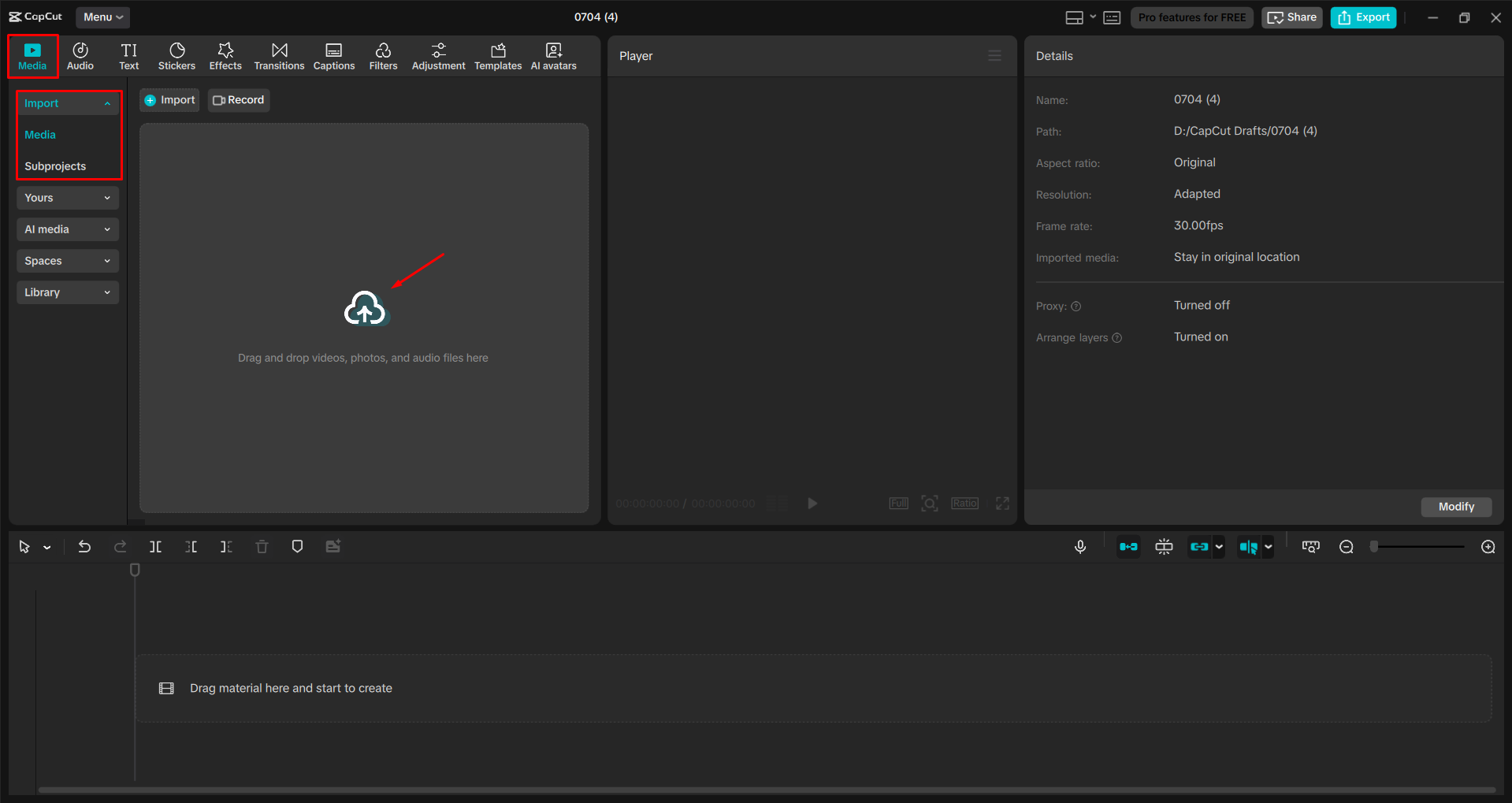 Importing a video into the CapCut desktop video editor