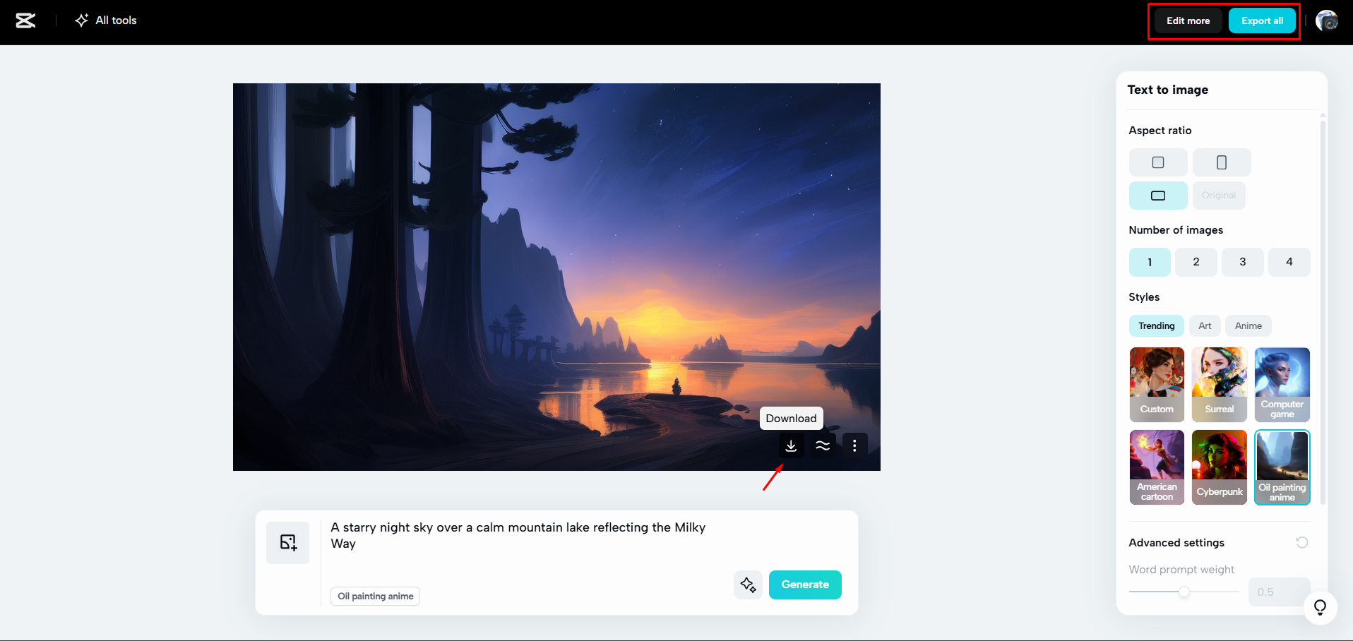 Downloading the images from CapCut Web