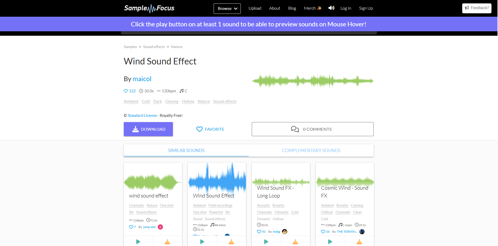 Interfaz de Sample Focus - un sitio notable para obtener efectos de sonido de viento