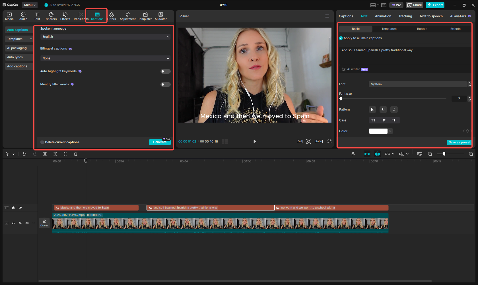 Generating auto captions in CapCut