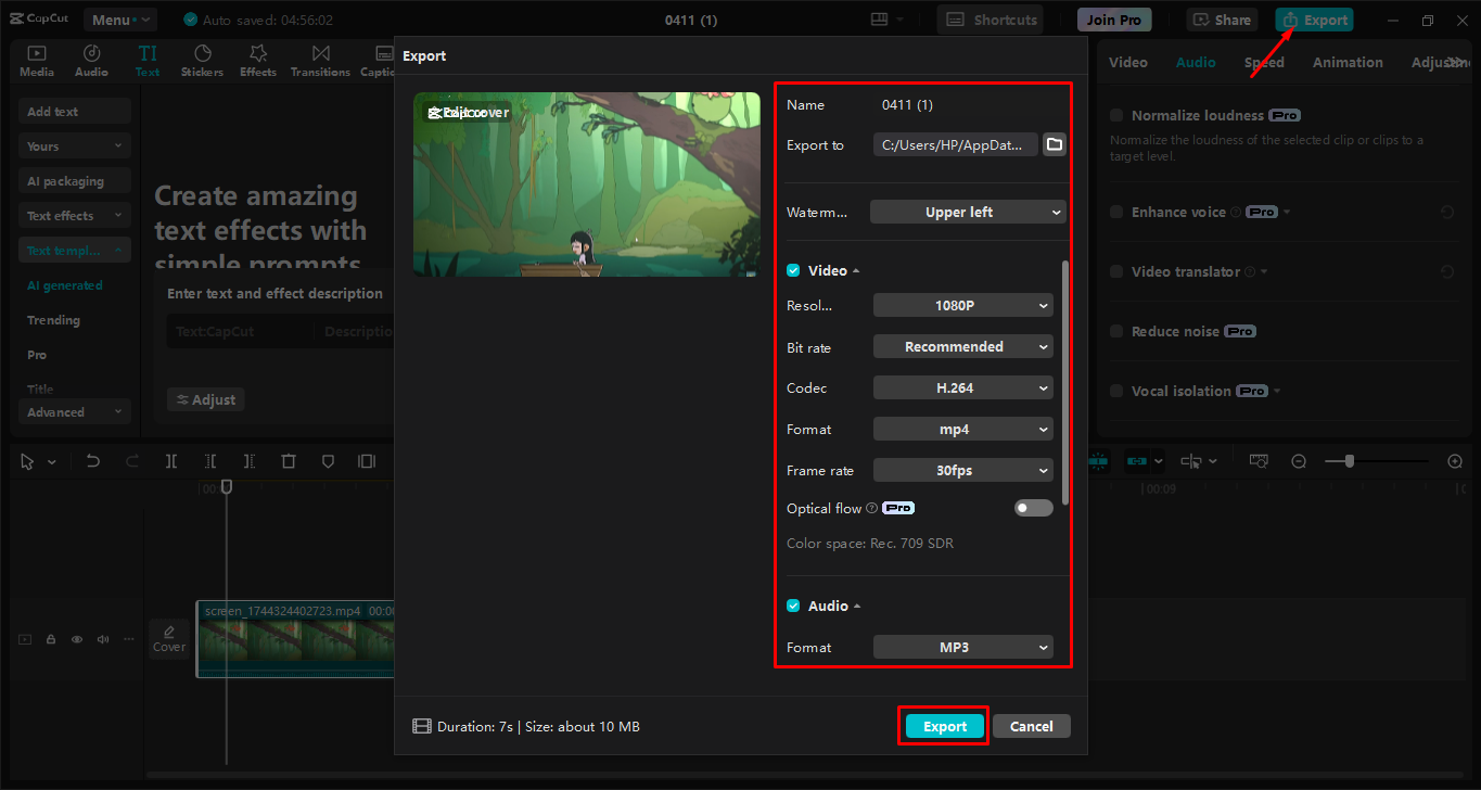 Exportando la grabación de pantalla desde el CapCut editor de video de escritorio