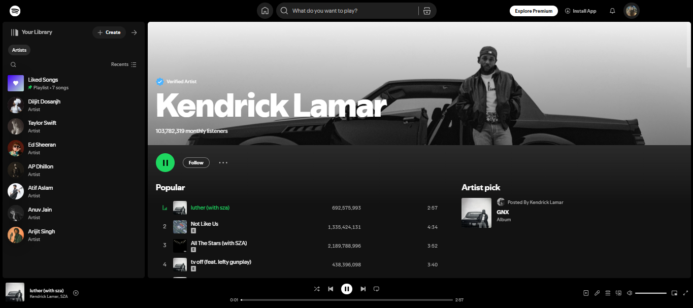 Kendrick Lamar – included in the top 100 most listened-to artists on Spotify